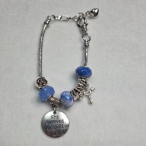 Blue Silver Beaded Charm Bracelet Silver Tone Heart Key Charms Crown Flower bead